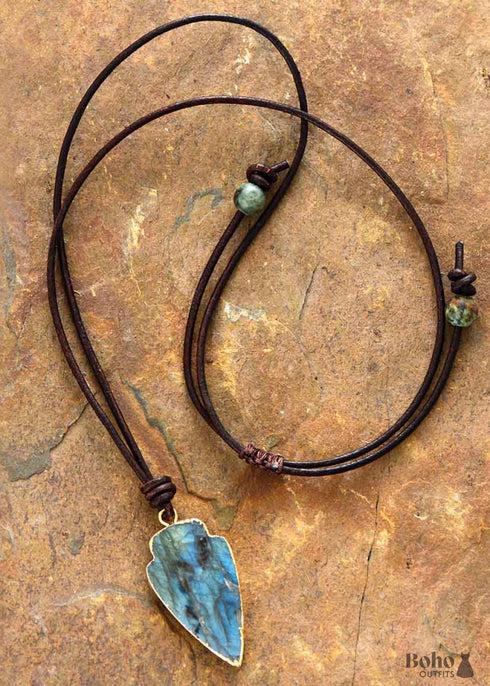 Boho Necklace,Blue and Black Agate, Jasper Arrowhead Pendant Leather