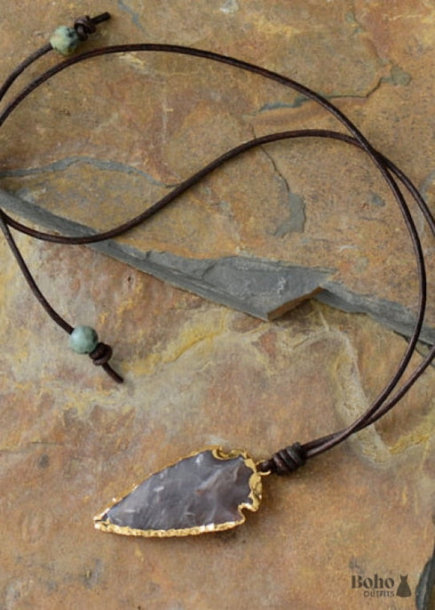 Boho Necklace,Blue and Black Agate, Jasper Arrowhead Pendant Leather