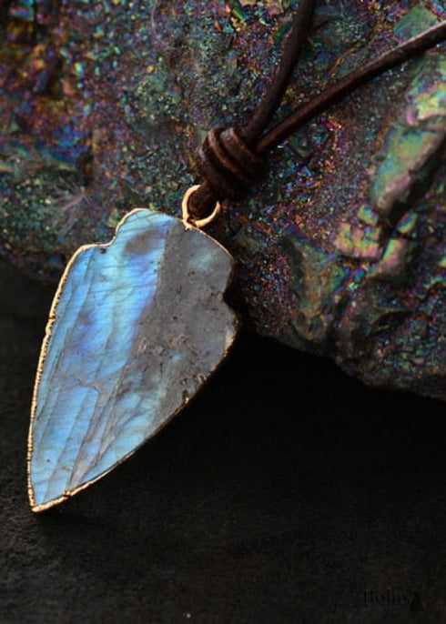 Boho Necklace,Blue and Black Agate, Jasper Arrowhead Pendant Leather