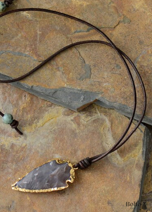 Boho Necklace,Blue and Black Agate, Jasper Arrowhead Pendant Leather