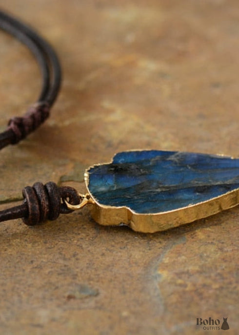 Boho Necklace,Blue and Black Agate, Jasper Arrowhead Pendant Leather