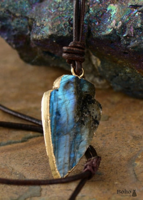 Boho Necklace,Blue and Black Agate, Jasper Arrowhead Pendant Leather