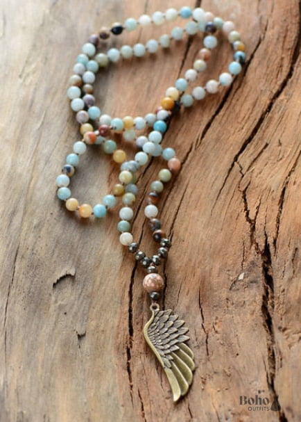 Boho Necklace, Blue and Brown Pyrite Angel Wing