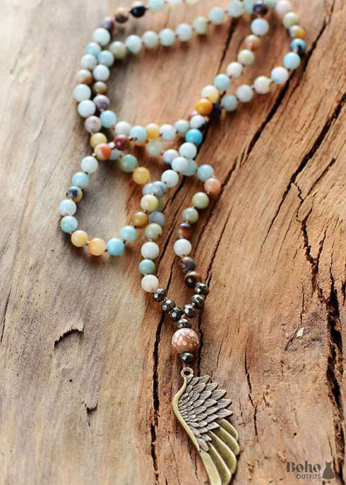 Boho Necklace, Blue and Brown Pyrite Angel Wing