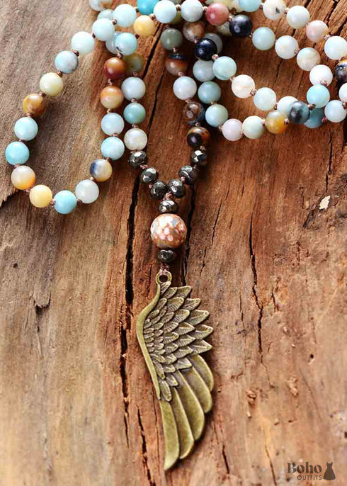 Boho Necklace, Blue and Brown Pyrite Angel Wing