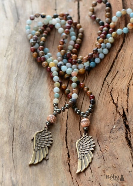 Boho Necklace, Blue and Brown Pyrite Angel Wing