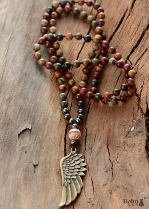 Boho Necklace, Blue and Brown Pyrite Angel Wing