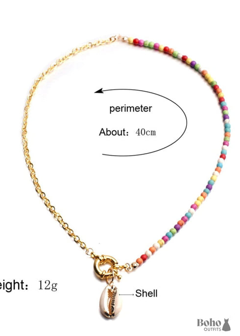 Collar bohemio con concha dorada hippie de colores azules