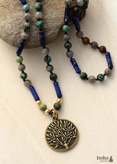 Collar Boho, Labradorita Azul, Jaspe y Turquesa, Árbol de la Vida