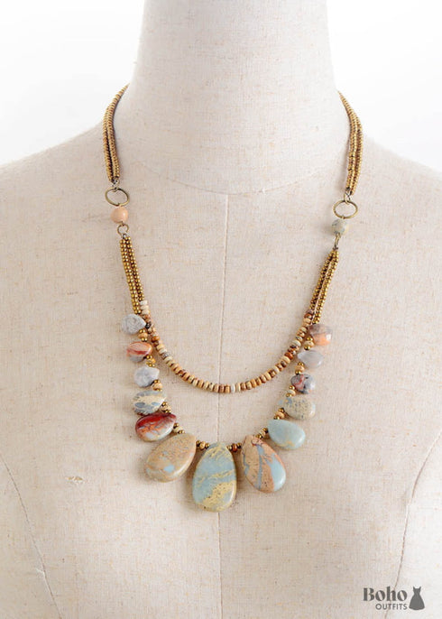 Boho Necklace, Brown Agate, Jasper and Seeds