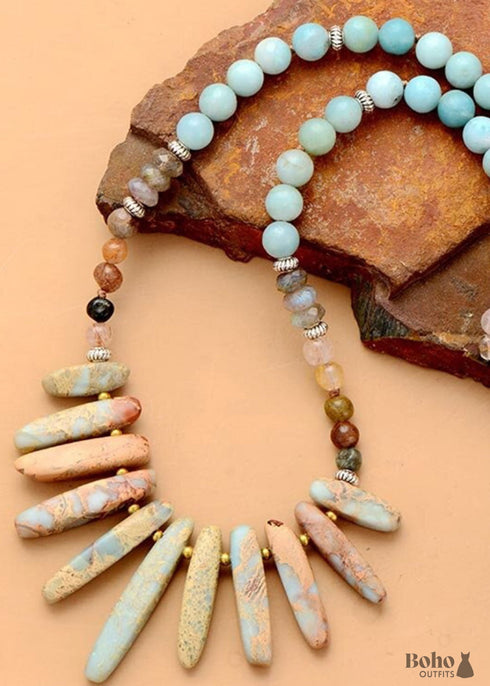 Boho Necklace, Brown Agate, Jasper and Seeds