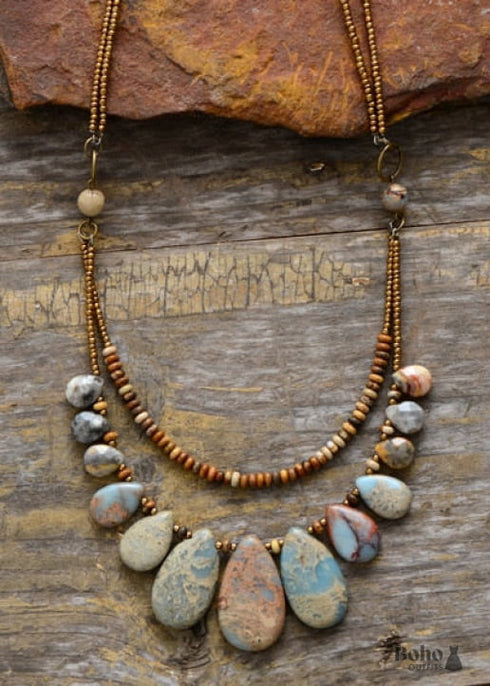 Boho Necklace, Brown Agate, Jasper and Seeds