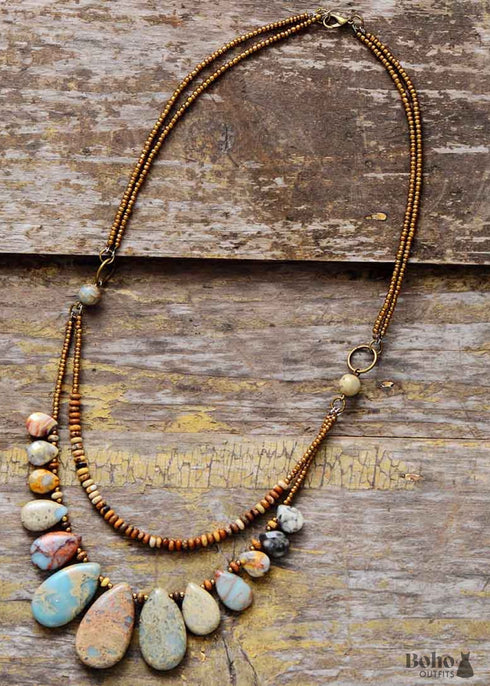 Boho Necklace, Brown Agate, Jasper and Seeds