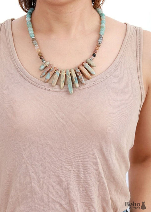 Boho Necklace, Brown Agate, Jasper and Seeds