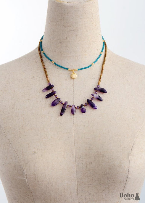 Collar bohemio, gargantilla, amatistas, cuentas de piedra natural, semillas