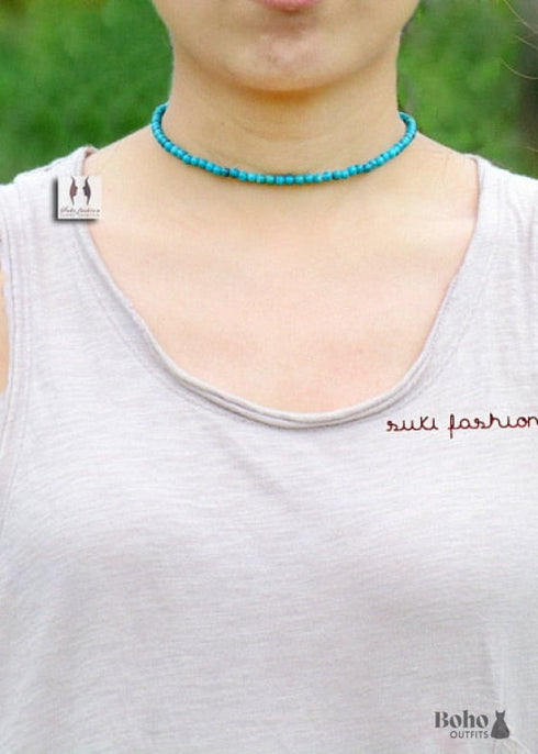 Collar bohemio, gargantilla, piedras naturales azules y verdes