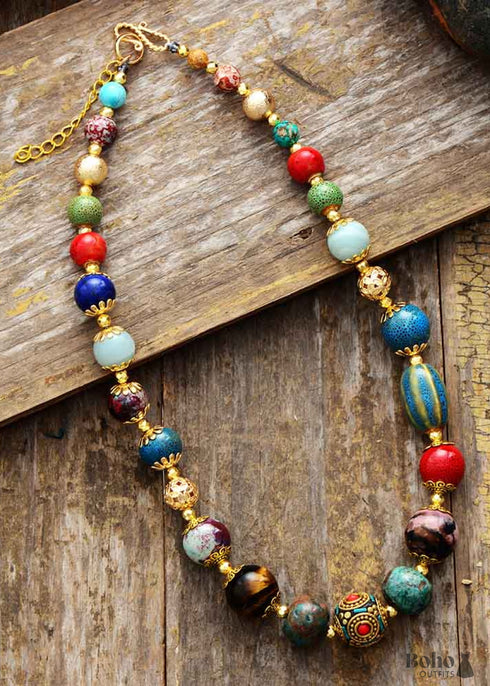 Collar bohemio, gargantilla, azul y dorado étnico elegante