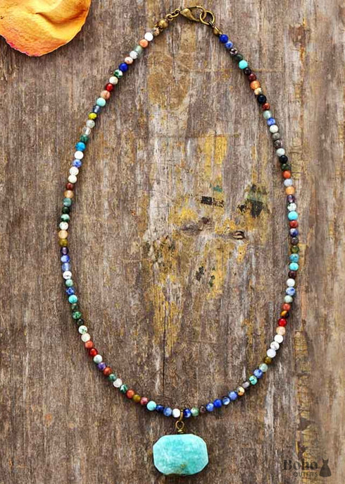 Boho Necklace, Choker Necklace, Mix Natural Stone Beads, Pendant