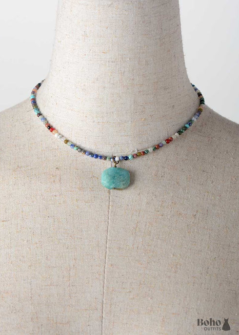 Boho Necklace, Choker Necklace, Mix Natural Stone Beads, Pendant