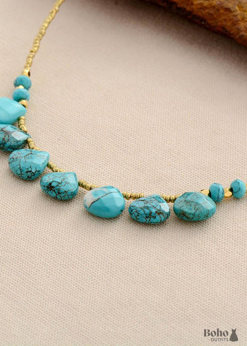 Collar bohemio, gargantilla, turquesa, piedra natural, semillas