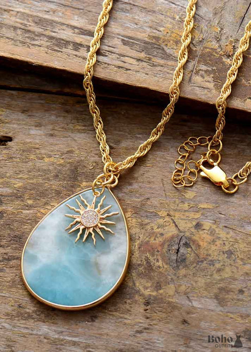 Boho Necklace, Chunky Gold Chain Amazonite Teardrop Pendant