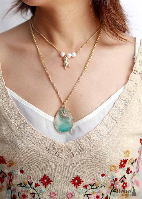 Boho Necklace, Chunky Gold Chain Amazonite Teardrop Pendant