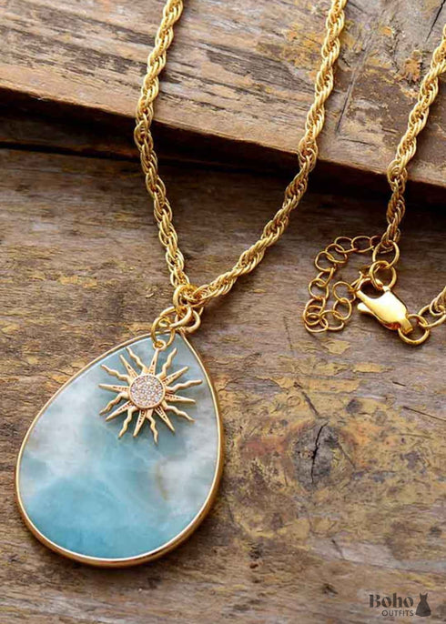Boho Necklace, Chunky Gold Chain Amazonite Teardrop Pendant