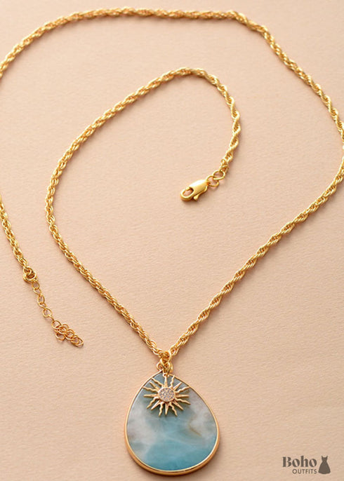 Boho Necklace, Chunky Gold Chain Amazonite Teardrop Pendant