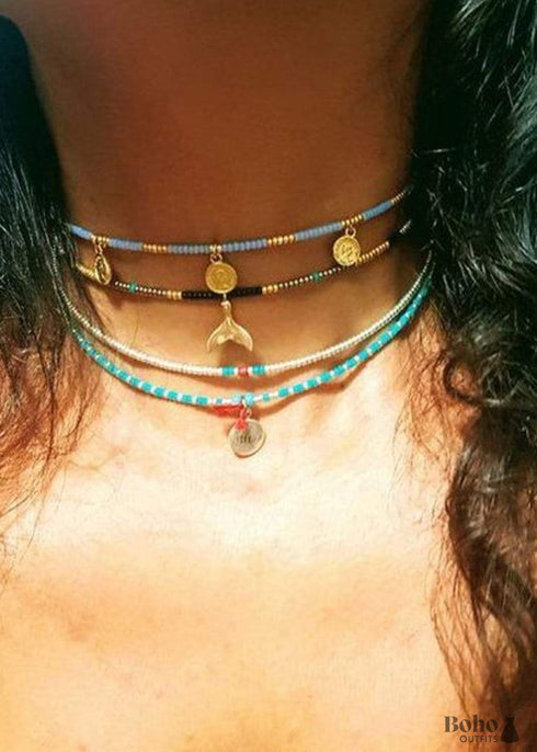 Collar bohemio, concha azul hippie y estrella de mar