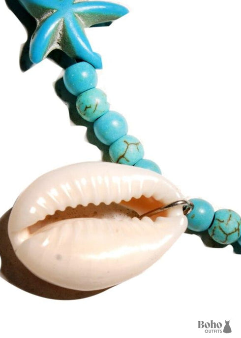 Collar bohemio, concha azul hippie y estrella de mar