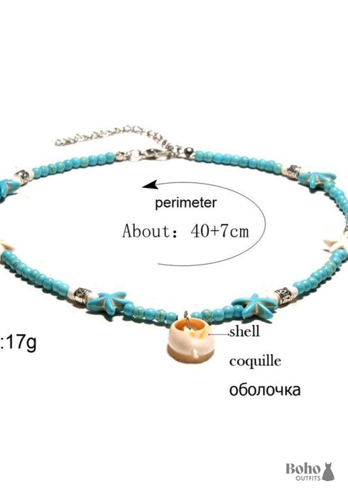 Collar bohemio, concha azul hippie y estrella de mar
