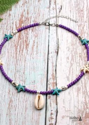 Collar bohemio, concha azul hippie y estrella de mar