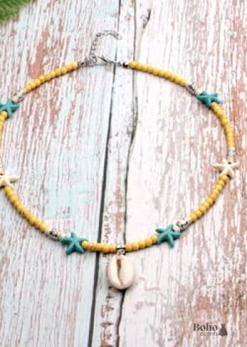 Collar bohemio, concha azul hippie y estrella de mar