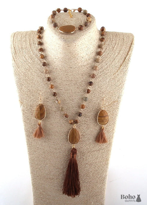 Boho Necklace, Jewelry Set, RH AmazoniteTassel Natural Green Stone