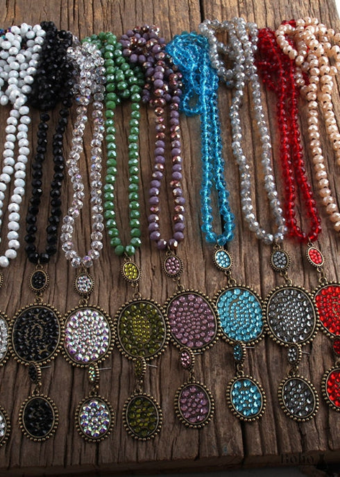 Collar bohemio, conjunto de joyas, cristal RH, vidrio blanco y negro