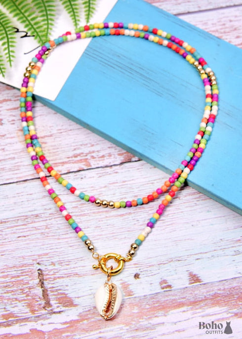 Collar bohemio, concha hippie azul larga