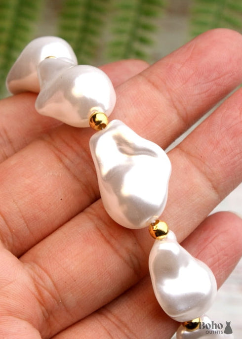 Collar bohemio, gargantilla de perlas, concha blanca