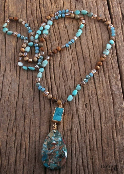 Boho Necklace, RH Agated Crystal Blue Oval Natural Stone
