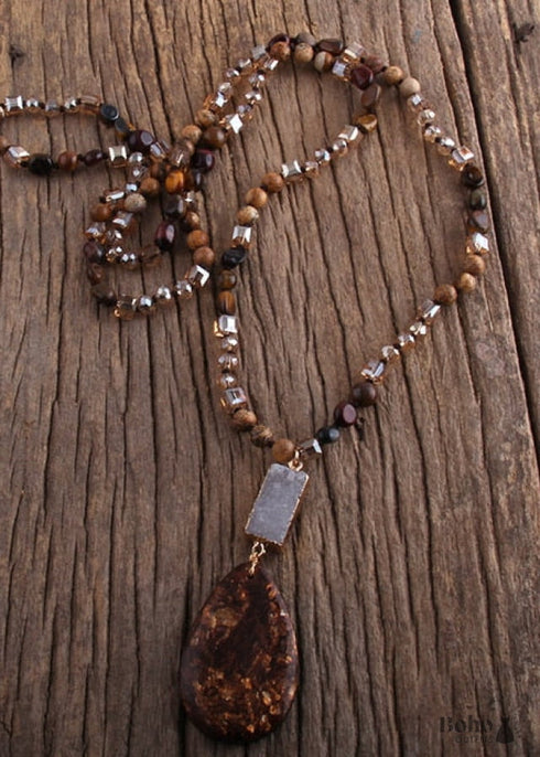 Boho Necklace, RH Agated Crystal Blue Oval Natural Stone