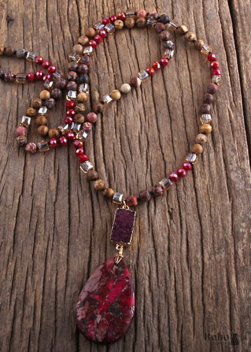 Boho Necklace, RH Agated Crystal Blue Oval Natural Stone