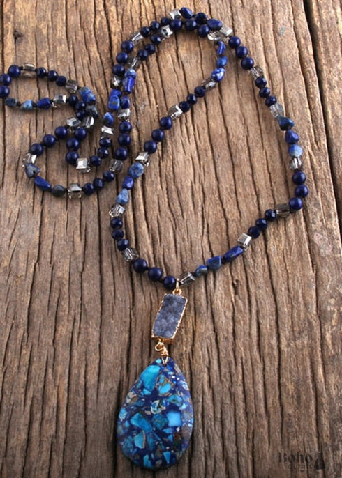 Boho Necklace, RH Agated Crystal Blue Oval Natural Stone