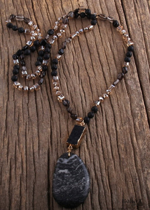 Boho Necklace, RH Agated Crystal Blue Oval Natural Stone