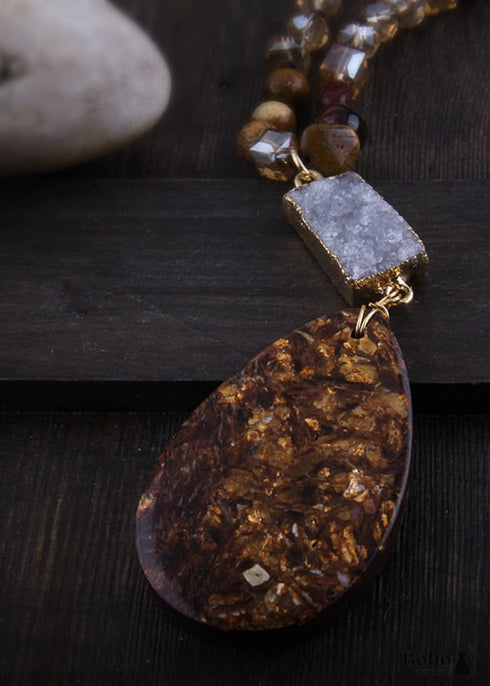 Boho Necklace, RH Agated Crystal Blue Oval Natural Stone