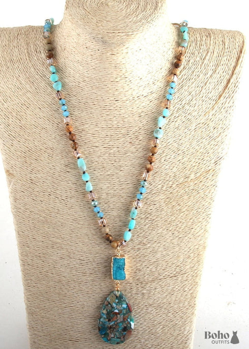Boho Necklace, RH Agated Crystal Blue Oval Natural Stone