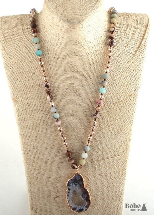 Boho Necklace, RH Amazonite Crystal Druzy Brown Natural Stone