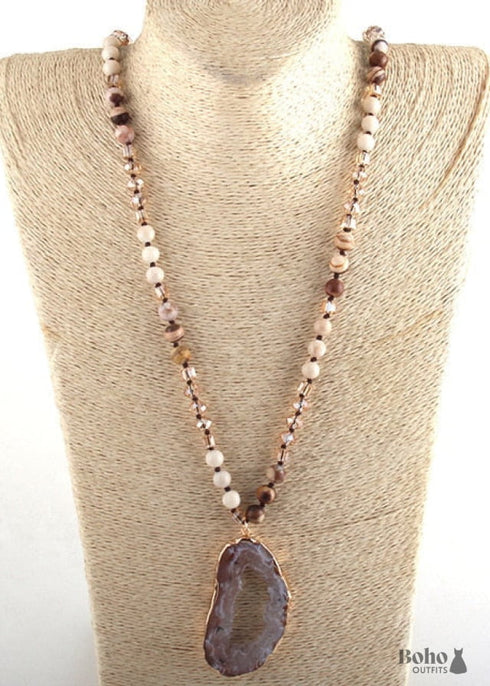Boho Necklace, RH Amazonite Crystal Druzy Brown Natural Stone