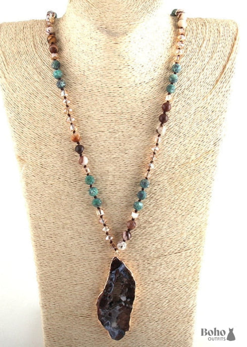 Boho Necklace, RH Amazonite Crystal Druzy Brown Natural Stone