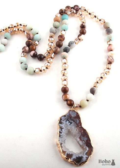 Boho Necklace, RH Amazonite Crystal Druzy Brown Natural Stone