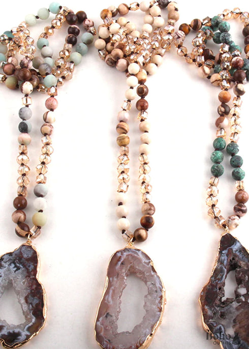 Boho Necklace, RH Amazonite Crystal Druzy Brown Natural Stone