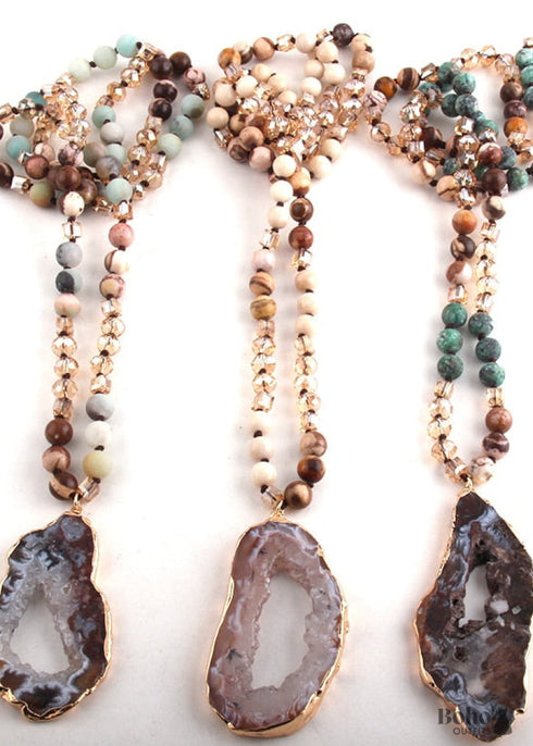 Boho Necklace, RH Amazonite Crystal Druzy Brown Natural Stone
